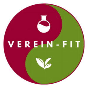Logo des Vereins FIT. Rot-grünes Yin-Yang-Symbol mit dem Kurznamen des Vereins und zwei Piktogrammen.