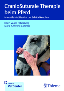 Hände berühren einen Pferdekopf. Titelbild des Buchs "CranioSuturale Therapie beim Pferd" herausgegeben von Inken Voges-Falkenberg im Verlag Thieme.